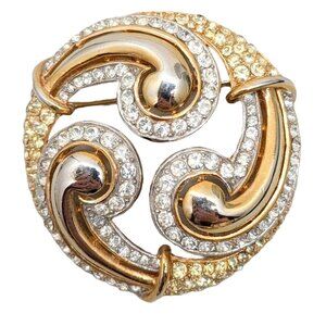 Vintage 1960s Signed Crown Trifari Faux-Citrine & Clear Rhinestone Swirl Brooch